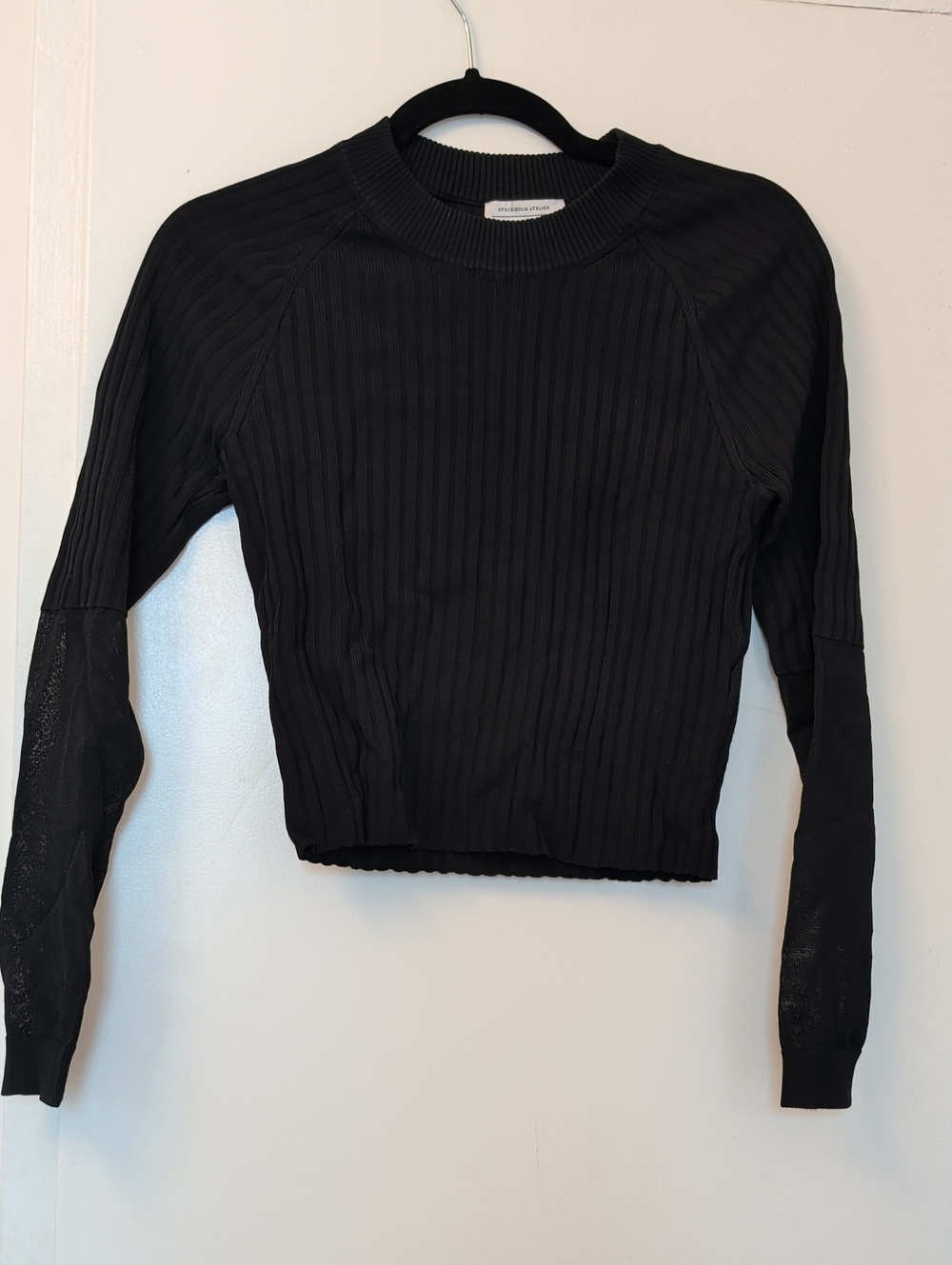 & Other Stories Stockholm Atelier Black Ribbed Mesh Sleeve Crop Sweater Size S